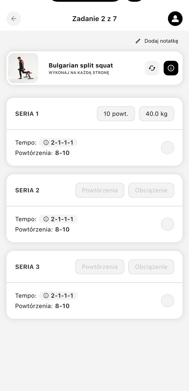 Ekran aplikacji treningowej BBS z planem treningowym